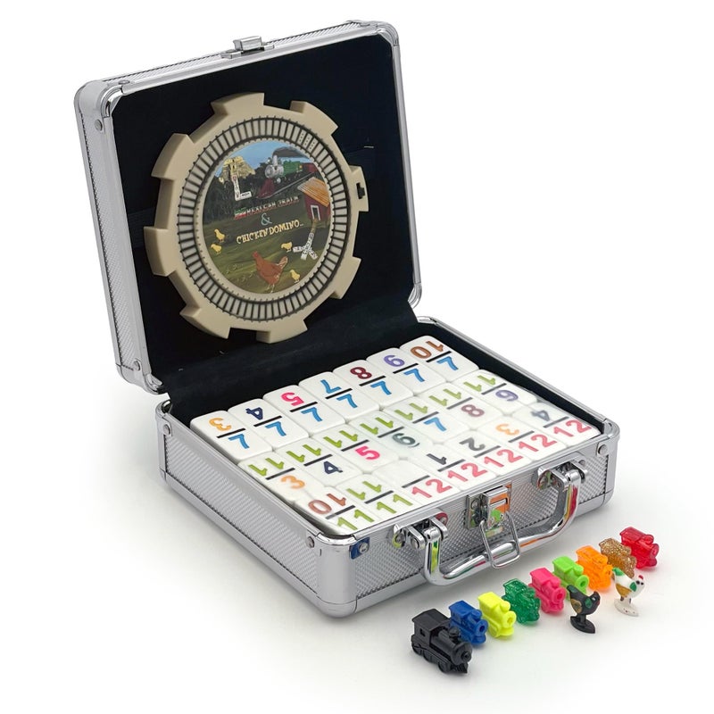 CHH Double 12 Numeral Pro Size Mexican Train & Chicken Domino Set â€“ Aluminum Carrying Case â€“ Complete Set with Plastic Hub, Train Markers, and Chicken Foot Markers - Image 1